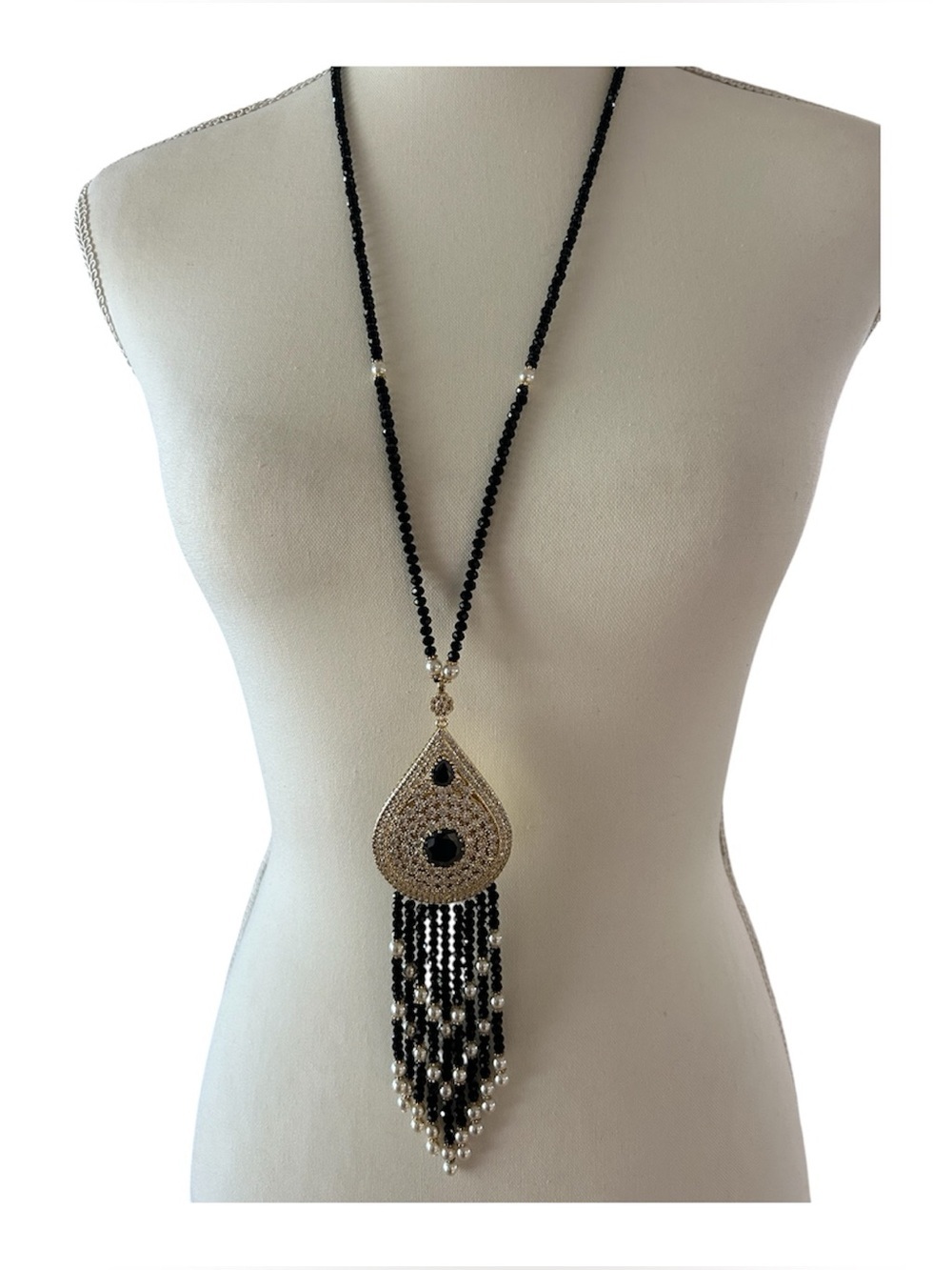 Natasha Teardrop Pendant Beaded Necklace With Goldtone and Rhinestones